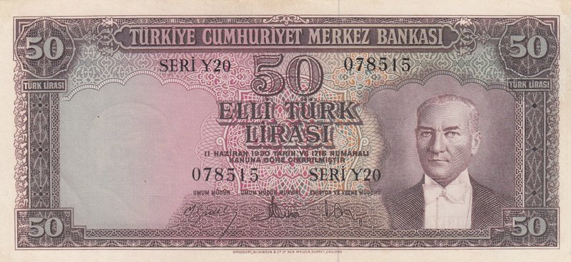 Turkey, 50 Lira, 1957, AUNC, p165, 5/4. Emission
serial number: Y20 078515, a p...