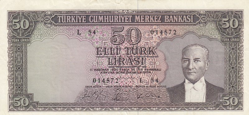 Turkey, 50 Lira, 1964, XF, p175, 5/6. Emission
serial number: L54 014572, a por...