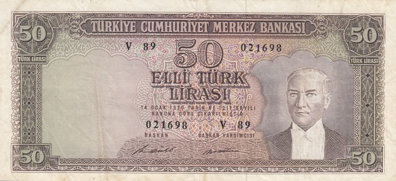 Turkey, 50 Lira, 1971, VF, p187A, 5/7. Emission
serial number: V89 021698, a po...