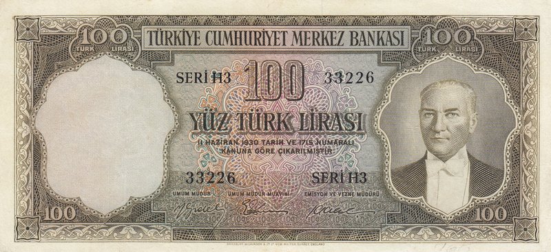 Turkey, 100 Lira, 1956, VF, p168, 5/2. Emission
serial number: H3 33226, a port...