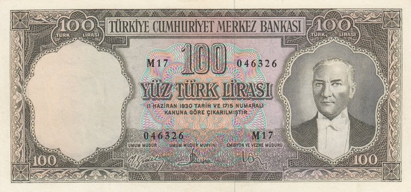 Turkey, 100 Lira, 1958, XF, p169, 5/3. Emission
serial number: M17 046326, a po...