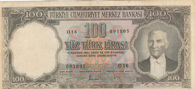 Turkey, 100 Lira, 1958, FINE, p169, 5/3. Emission
serial number: O16 091805, a ...