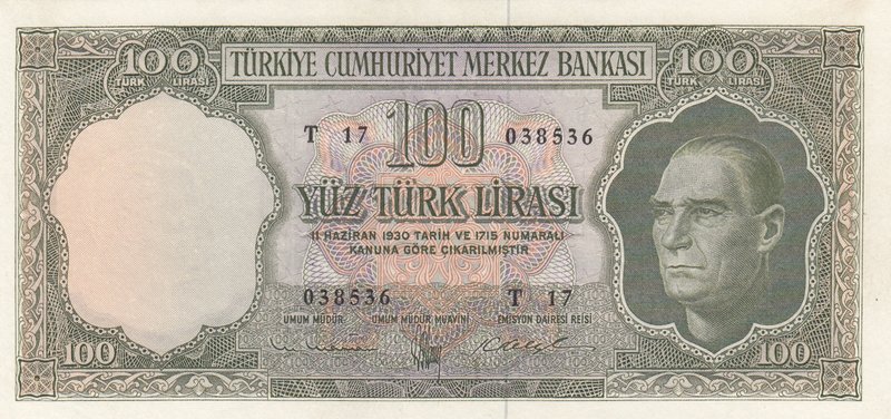 Turkey, 100 Lira, 1962, AUNC / UNC, p176, 5/4. Emission
serial number: T17 0385...