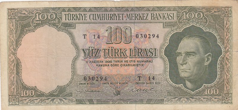 Turkey, 100 Lira, 1962, FINE, p176, 5/4. Emission
serial number: T14 030294, a ...