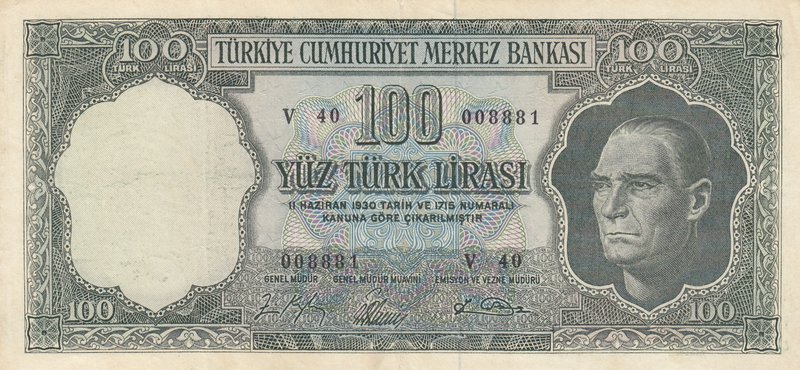 Turkey, 100 Lira, 1964, VF, p177, 5/5. Emission
serial number: V40 008881, a po...