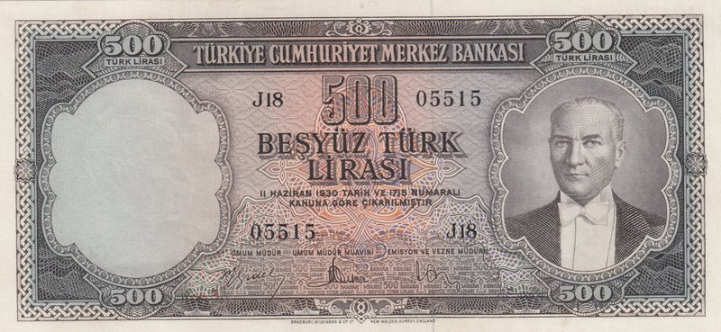 Turkey, 500 Lira, 1959, UNC, p171, 5/2. Emission
serial number: J18 05515, a po...