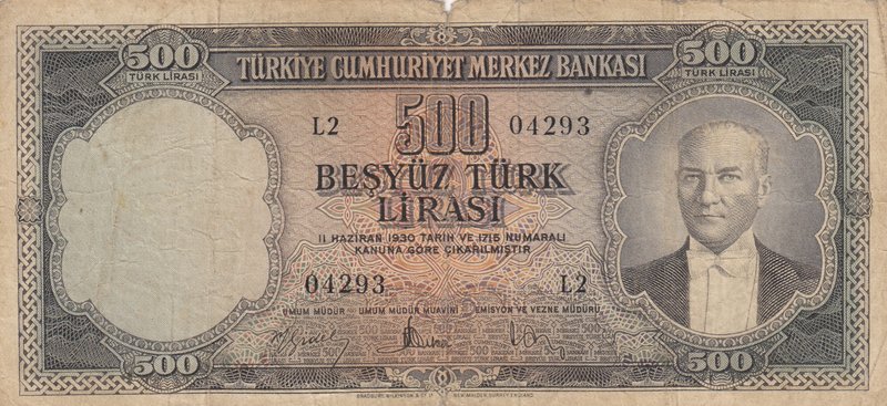 Turkey, 500 Lira, 1959, FINE, p171, 5/2. Emission
serial number: L2 04293, a po...