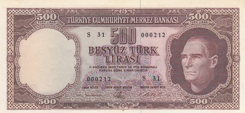 Turkey, 500 Lira, 1962, AUNC, p178, 5/3. Emission, Low Serial number
serial num...