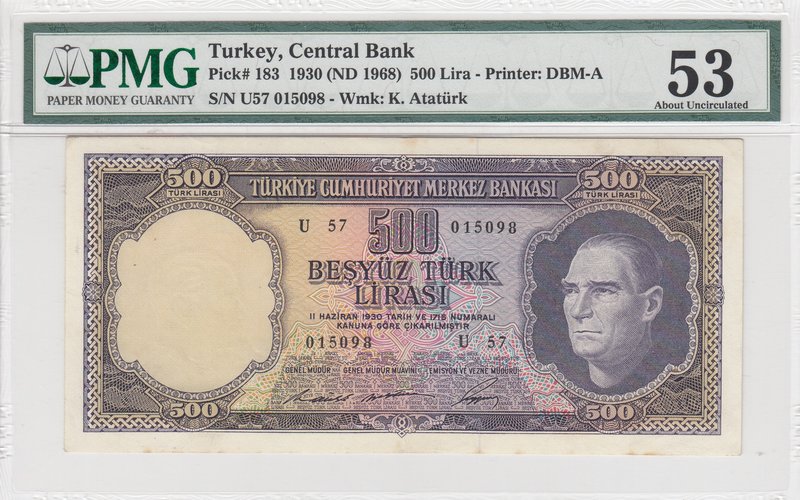 Turkey, 500 Lira, 1968, AUNC, p183, 5/4. Emission
PMG 53, serial number: U57 01...