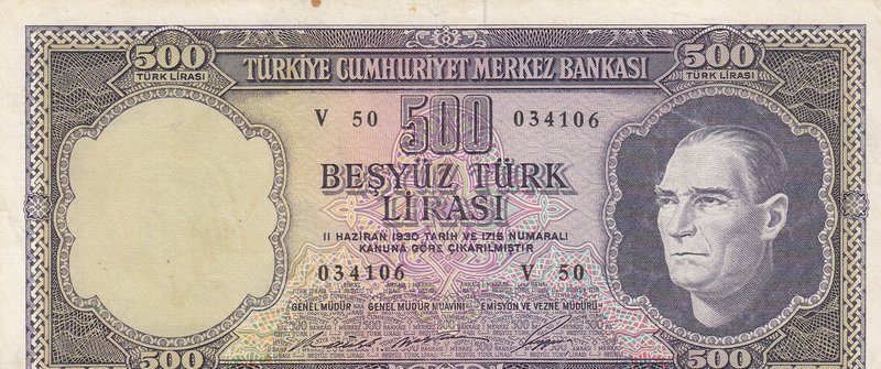 Turkey, 500 Lira, 1968, XF, p183, 5/4. Emission
serial number: V50 034106, a po...