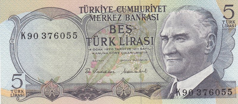 Turkey, 5 Lira, 1976, UNC, p185, 6/2. Emission, "K90" Last Prefix
Serial number...