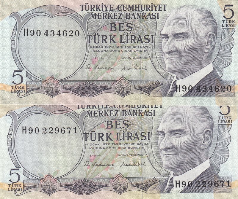 Turkey, 5 Lira, 1976, AUNC / UNC p179, 6/2. Emission, "H90", (Total 2 banknotes)...