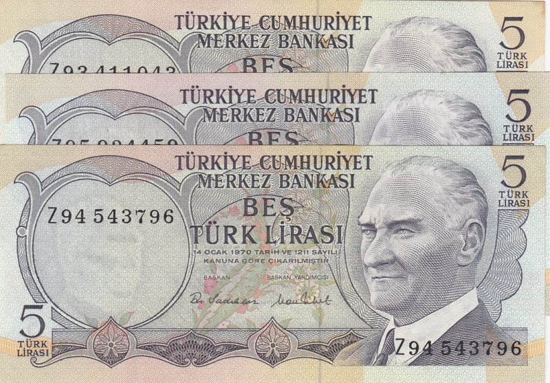 Turkey, 5 Lira, 1976, XF / UNC, p185, 6/2. Emission, (Total 3 banknotes)
Prefix...