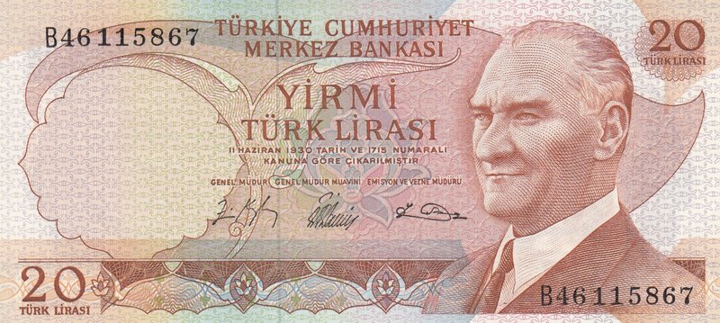 Turkey, 20 Lira, 1966, UNC, p181a, 6/1. Emission
serial number: B46 115867, a p...