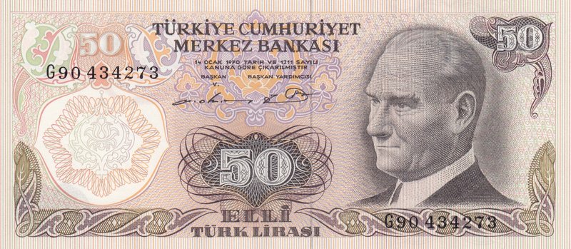 Turkey, 50 Lira, 1976, UNC, p187Aa, 6/1. Emission, "G90" Last Prefix
Serial num...