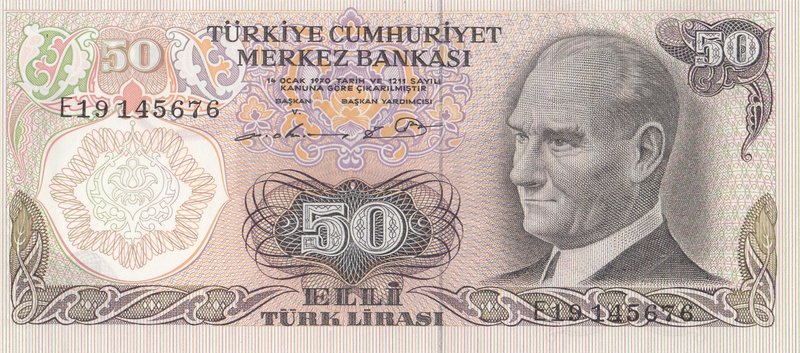 Turkey, 50 Lira, 1976, AUNC, p187Aa, 6/1. Emission, ERROR
serial number: E19 14...