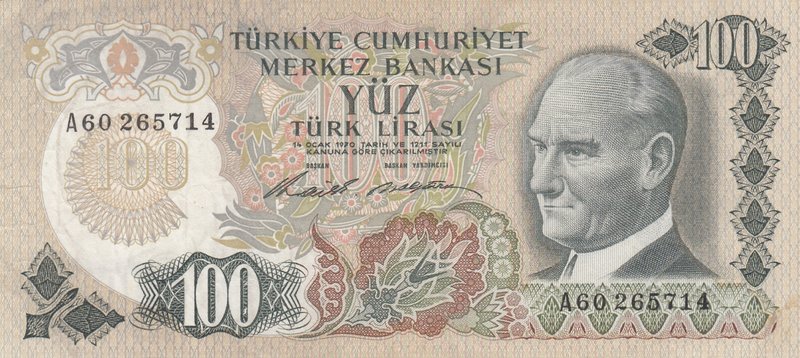 Turkey, 100 Lira, 1972, AUNC, p189, 6/1. Emission
serial number: A60 265714, a ...