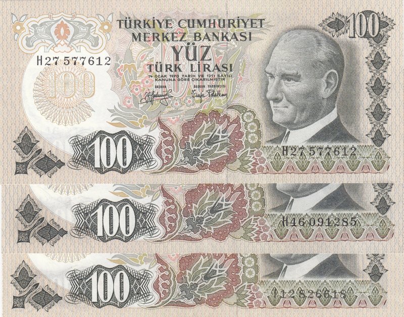 Turkey, 100 Lira (3), 1979, AUNC / UNC, p189, 6/2. Emission, (Total 3 banknotes)...