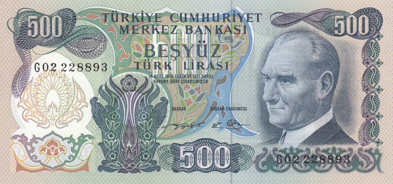 Turkey, 500 Lira, 1974, UNC, p190c, 6/2. Emission
serial number: G02 228893, a ...