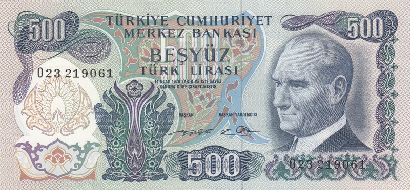 Turkey, 500 Lira, 1974, UNC, p190e, 6/2. Emission
serial number: O23 219061, a ...