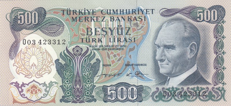 Turkey, 500 Lira, 1974, UNC, p190e, 6/2. Emission
Serial number: O03 423312, a ...