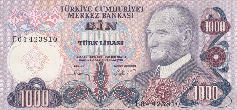 Turkey, 1000 Lira, 1981, AUNC, p191, 6/3. Emission
serial number: F04 423810, a...