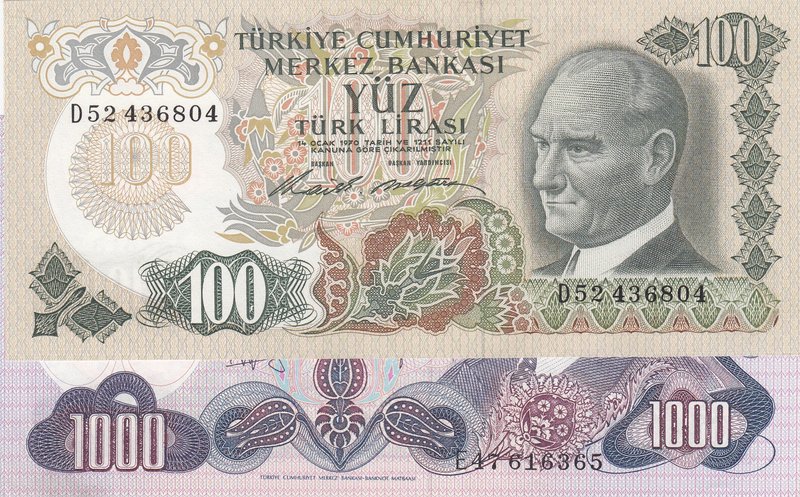 Turkey, 100 Lira and 1.000 Lira, 1972 / 1979, AUNC, p189 / p191, 6. Emission Lot...