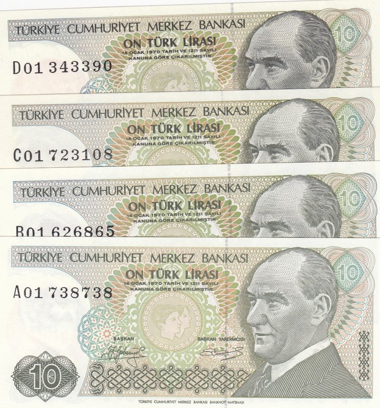 Turkey, 10 Lira, 1979, UNC, p192, 7/1. Emission, "A01", "B01", "C01", "D01", (To...