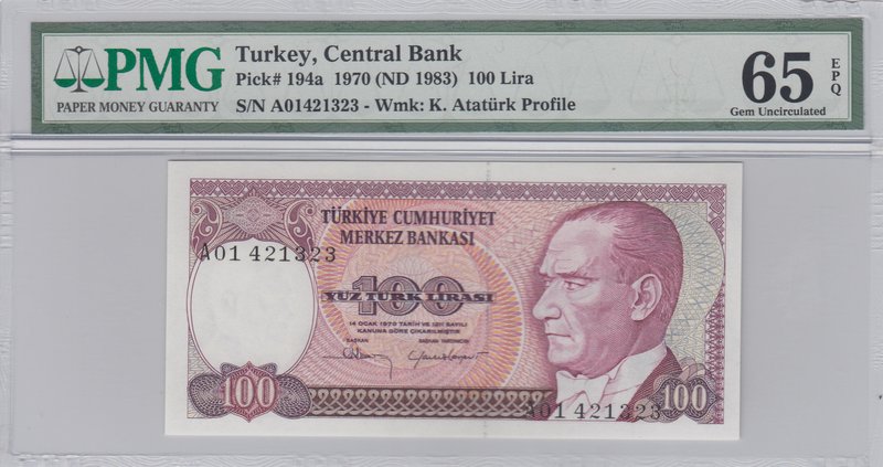 Turkey, 100 Lira, 1983, UNC, p194, 7/1. Emission, "A01"
PMG 65 EPQ, Serial numb...