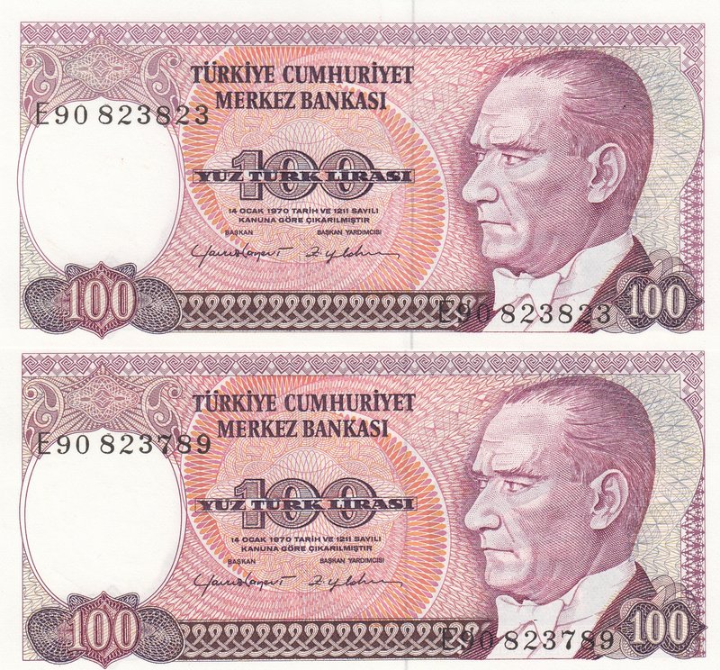 Turkey, 100 Lira, 1984, UNC p194, 7/2. Emission, "E90", (Total 2 banknotes)
ser...