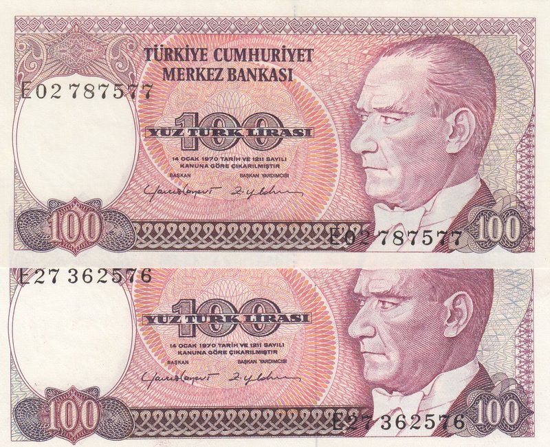 Turkey, 100 Lira, 1984, UNC, p194, 7/2. Emission, "DIFFERENT WATERMARK"
Serial ...