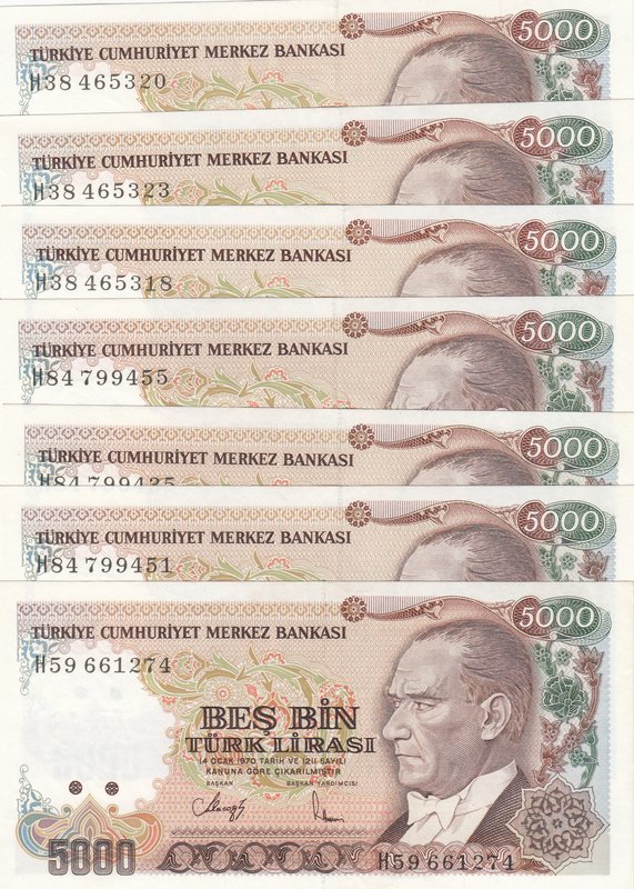 Turkey, 5.000 Lira, 1990, UNC, p198, 7/4. Emission, (Total 7 banknotes)
serial ...