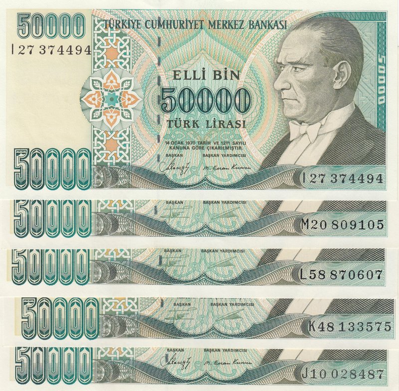 Turkey, 50.000 Lira, 1989/1995, UNC, p203/ p204, 7. Emission, (Total 5 banknotes...