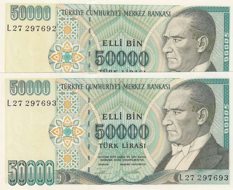 Turkey, 50.000 Lira, 1995, UNC, p204, (Total 2 consecutive banknotes)
serial nu...