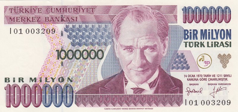 Turkey, 1.000.000 Lira, 1996, UNC, p209b, 7/2. Emission, "K90"
Serial number: K...