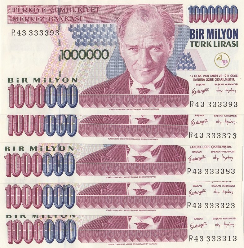 Turkey, 1.000.000 Lira, 2002, UNC, p209c, 7/3. Emission, NICE SERIAL NUMBER, (To...