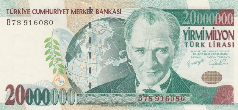 Turkey, 20.000.000 Lira, 2001, UNC, p215, 7/1. Emission
serial number: B78 9160...