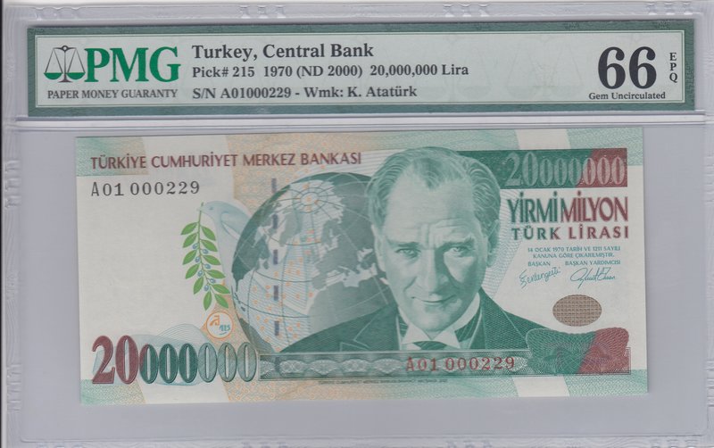 Turkey, 20.000.000 Lira, 2001, UNC, p215, 7/1. Emission, "A01"
PMG 66 EPQ, Seri...