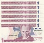 Turkey, 1 New Turkish Lira, 2005, UNC, p216, 8/1. Emission, (Total 6 consecutive banknotes)
Serial numbers: A76 093107-13, a portrait of Turkey's fou...