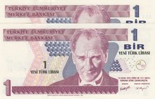 Turkey, 1 New Turkish Lira, 2005, UNC, p216, 8/1. Emission, "A01", (Total 2 banknotes)
Serial number: A01 872310 and A01 492292, a portrait of Turkey...