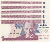 Turkey, 1 New Turkish Lira, 2005, UNC, p216, 8/1. Emission, (Total 5 banknotes)
Prefix numbers: A09, A10, A11, A12 and A13, a portrait of Turkey's fo...