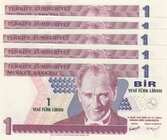 Turkey, 1 New Turkish Lira, 2005, UNC, p216, 8/1. Emission, (Total 5 consecutive banknotes)
Serial numbers: A43 011403- 07, a portrait of Turkey's fo...