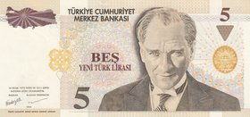 Turkey, 5 New Turkish Lira, 2005, UNC, p217, 8/1. Emission, "E90" last prefix.
serial number: E90 178516, a portrait of Turkey's founder Mustafa Kema...