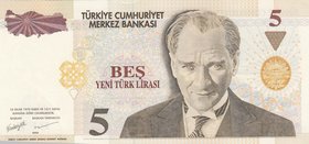 Turkey, 5 New Turkish Lira, 2005, UNC, p217, 8/1. Emission.
serial number: A34 633612, a portrait of Turkey's founder Mustafa Kemal Ataturk.
Estimat...