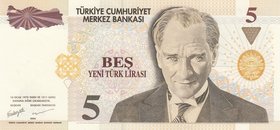 Turkey, 5 New Turkish Lira, 2005, UNC, p217, 8/1. Emission, "B90" last prefix.
serial number: B90 337830, a portrait of Turkey's founder Mustafa Kema...