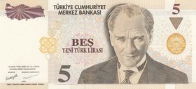 Turkey, 5 New Turkish Lira, 2005, UNC, p217, 8/1. Emission, "B90"
Serial number: B90 833809, a portrait of Turkey's founder Mustafa Kemal Ataturk
Es...