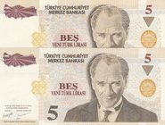 Turkey, 5 New Turkish Lira, 2005, UNC, p217, 8/1. Emission, "A01", (Total 2 banknotes)
Serial number: A01 568672 and A01 841415, a portrait of Turkey...