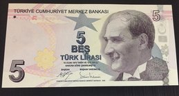 Turkey, 5 New Turkish Lira, 2005, UNC, p217, 8/1. Emission, LOW SERIAL NUMBER
Serial number: C37 000009, a portrait of Turkey's founder Mustafa Kemal...