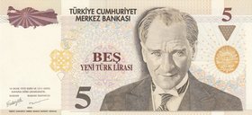 Turkey, 5 New Turkish Lira, 2005, UNC, p217, 8/1. Emission, LOW SERIAL NUMBER
Serial number: C90 000008, a portrait of Turkey's founder Mustafa Kemal...