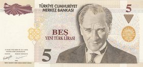 Turkey, 5 New Turkish Lira, 2005, UNC, p217, 8/1. Emission, LOW SERIAL NUMBER
Serial number: C90 000092, a portrait of Turkey's founder Mustafa Kemal...